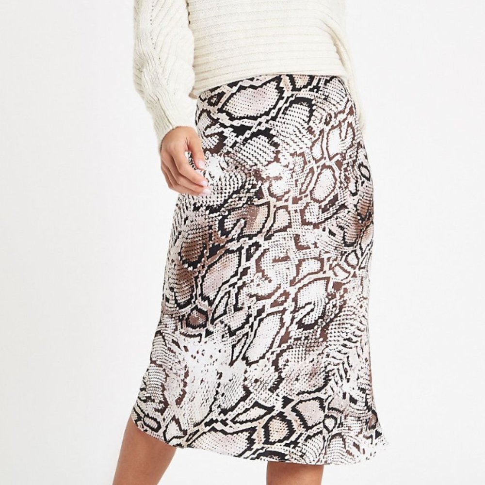 River Island bias cut satin slip midi skirt in snake print, size 8
